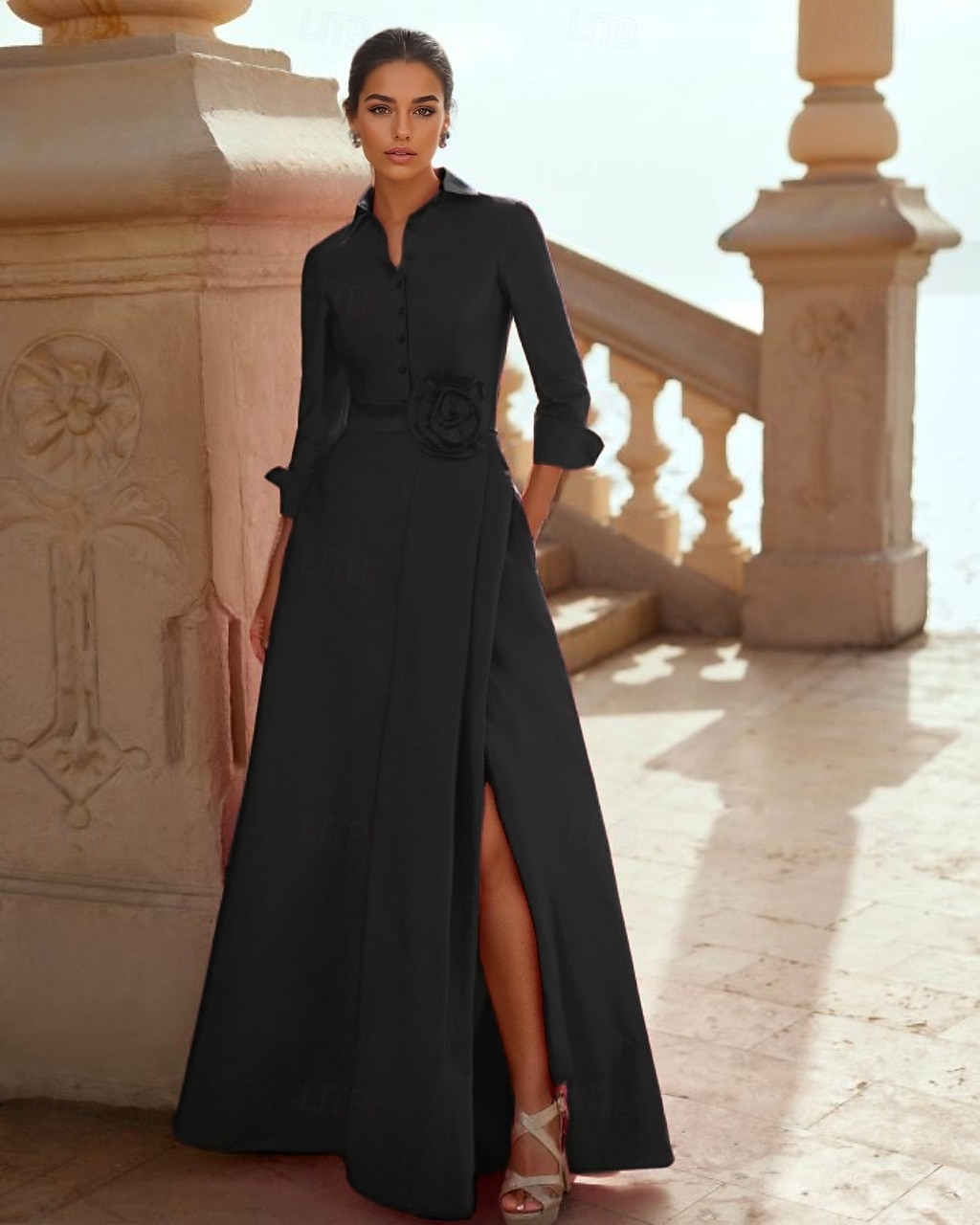 A-linje Aftonklänning Elegant Klänning Formell Bröllop Golvlängd 3/4 Längd Ärmar Skjortkrage Ficka Taffeta med Slits 2025 - $137.99 –P3