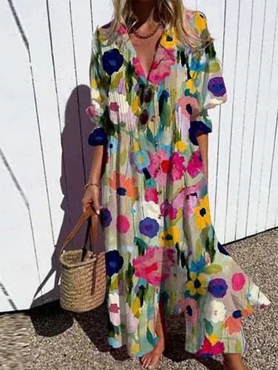 Pentru femei Rochie Maxi Rochie A line Casual În aer liber Ieșire Fit regulat Floral Manșon Lung În V Alb Albastru piscină Portocaliu Trifoi Vară Primăvară 2025 - $46.99 –P2