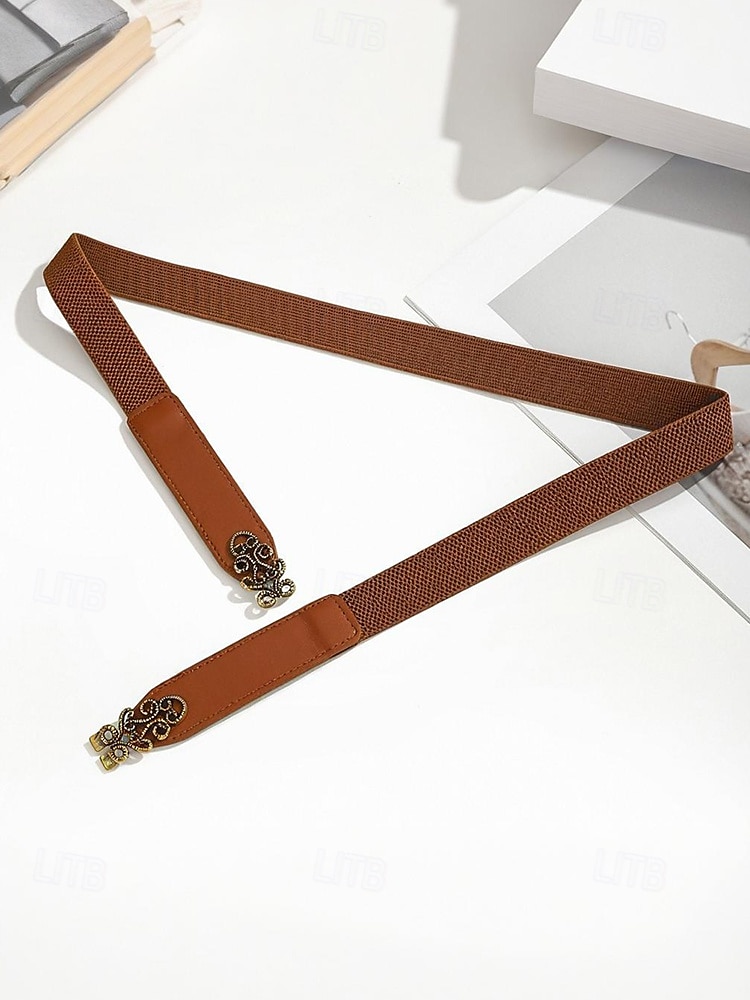 Women's Vintage Elastic Waist Belt with Bronze Scroll Buckle – Faux Leather Cinch Belt for Dresses and Blouses, Elegant Style for Daily Wear and Formal Occasions 2025 - $7.99 –P5