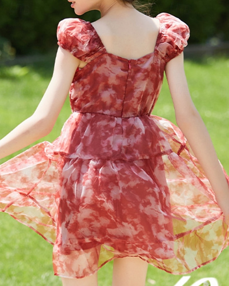 Kids Girls' Dress Flower Short Sleeve Outdoor Ruched Fashion Adorable Polyester Knee-length Casual Dress Floral Dress Summer 4 years+ Red 2025 - $51.99 –P1