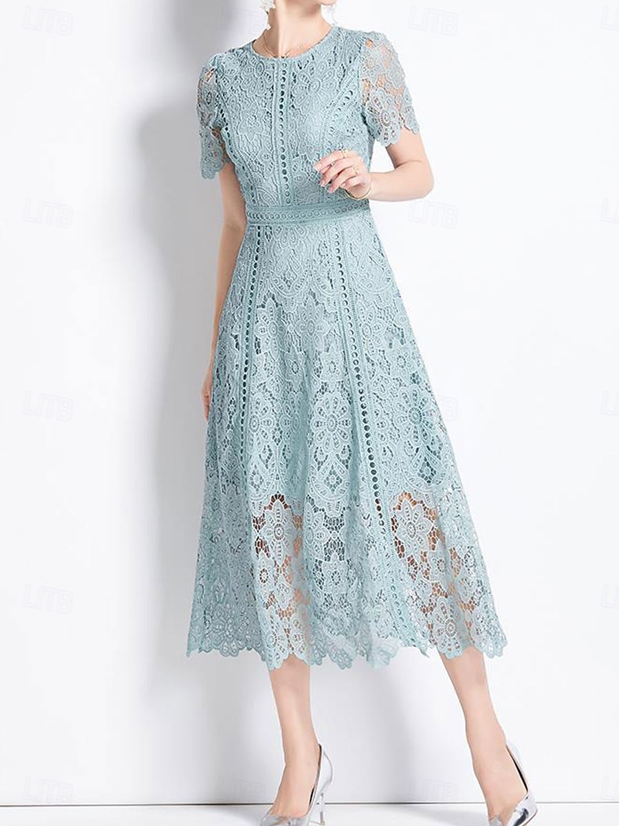 Abito Madre della sposa Abito elegante Collo tondo Lunghezza tè Pizzo Maniche corte con pizzo del 2025 a $99.99 –P5