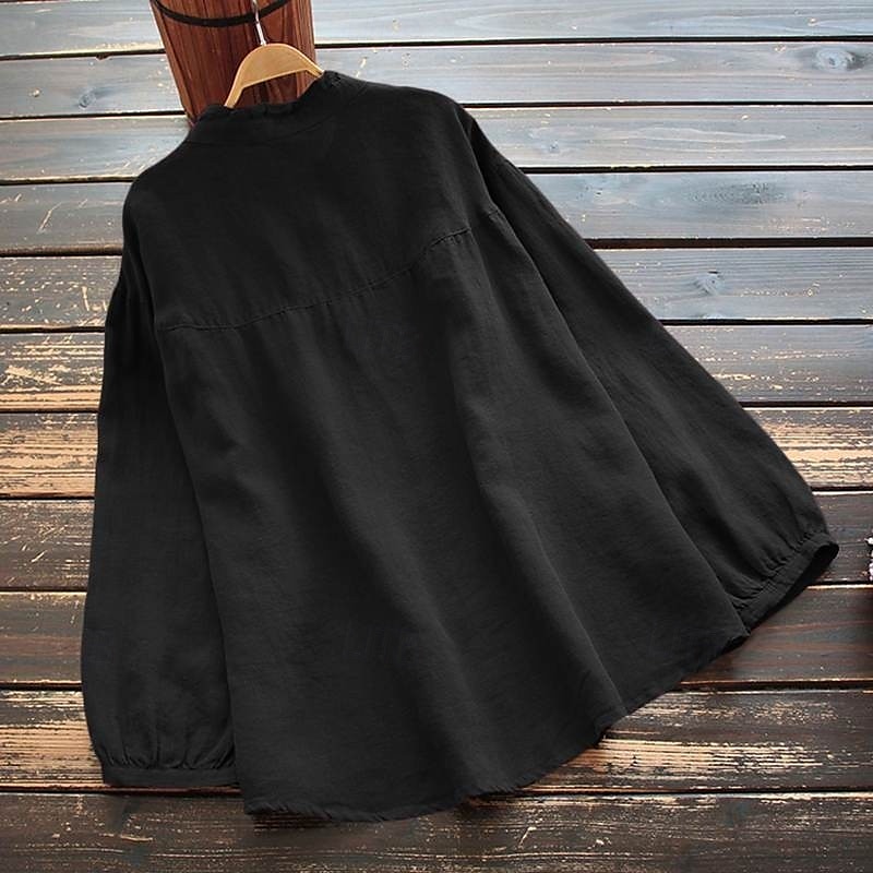 Neujahr Damen Elegante Oberteile Einfach Stilvoll Basic Modern Langarm Bischofsärmel Rundhalsausschnitt Normale Oberteile Arbeit Täglich Clubuniformen Gerafft Knöpfe Tunika Schwarz Purpur Khaki 2025 - $21.99 –P2