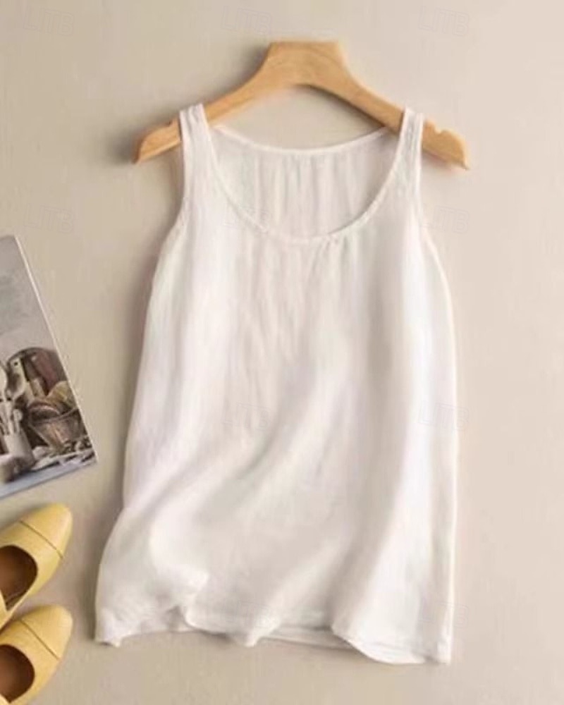 Dame Bomull lin vest Bluse عادي Fritid Ermeløs Crew-hals Vanlige topper Daglig Ferie Hvit Oransje Grønn Kakifarget Sommer 2025 - $19.99 –P4