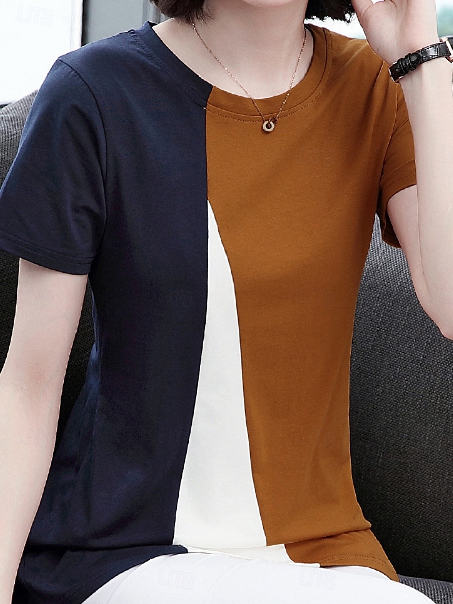 Dame Bluse Geometrisk Fargeblokk Stilfull Fritid Kortermet Crew-hals Vanlige topper Daglig Trykt mønster Svart Gul Blå Oransje Brun Sommer 2025 - $13.99 –P13