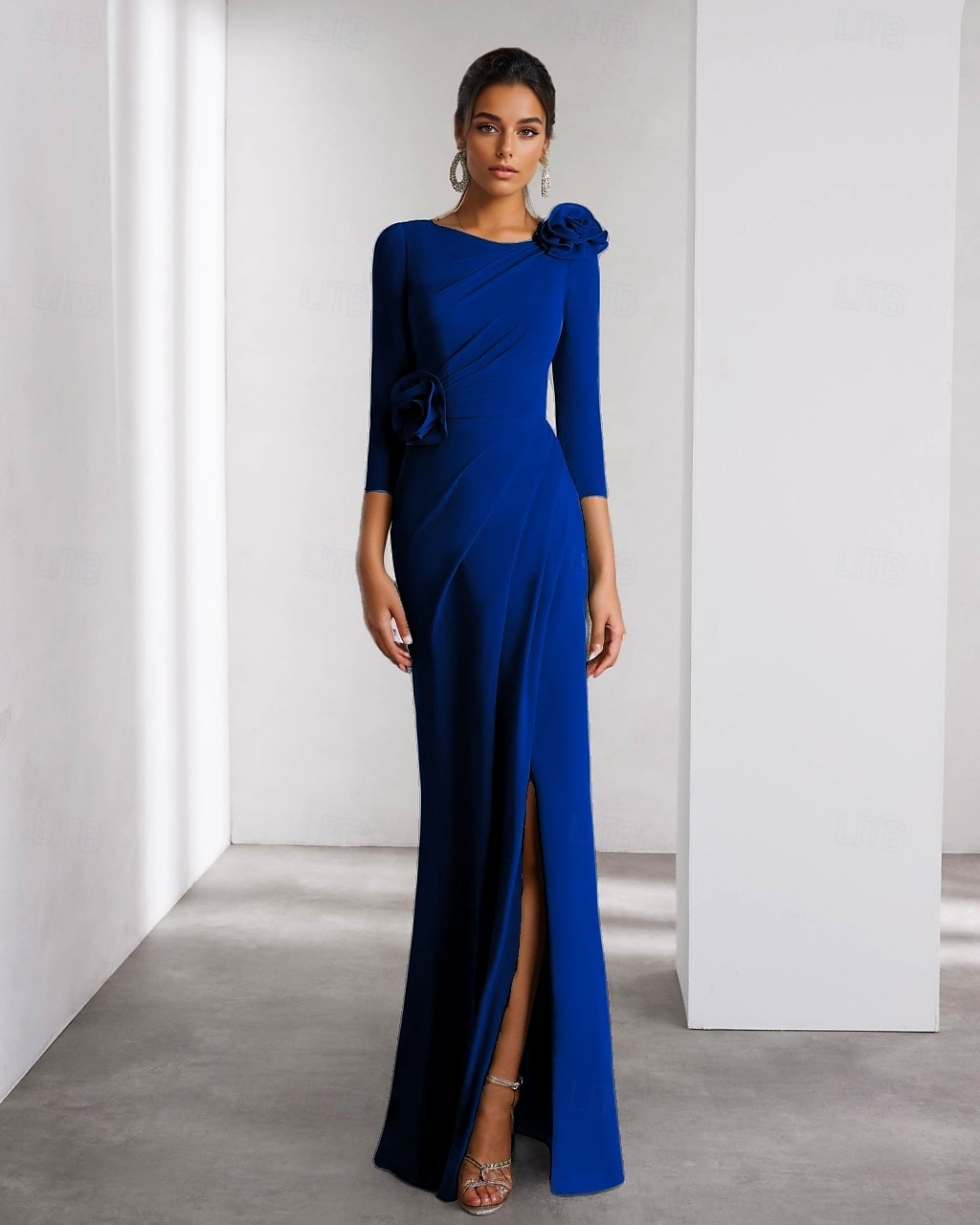 A-Line Evening Gown Elegant Dress Formal Wedding Floor Length Long Sleeve Crew Neck Detachable Stretch Crepe with Shouder Flower 2025 - $125.99 –P4