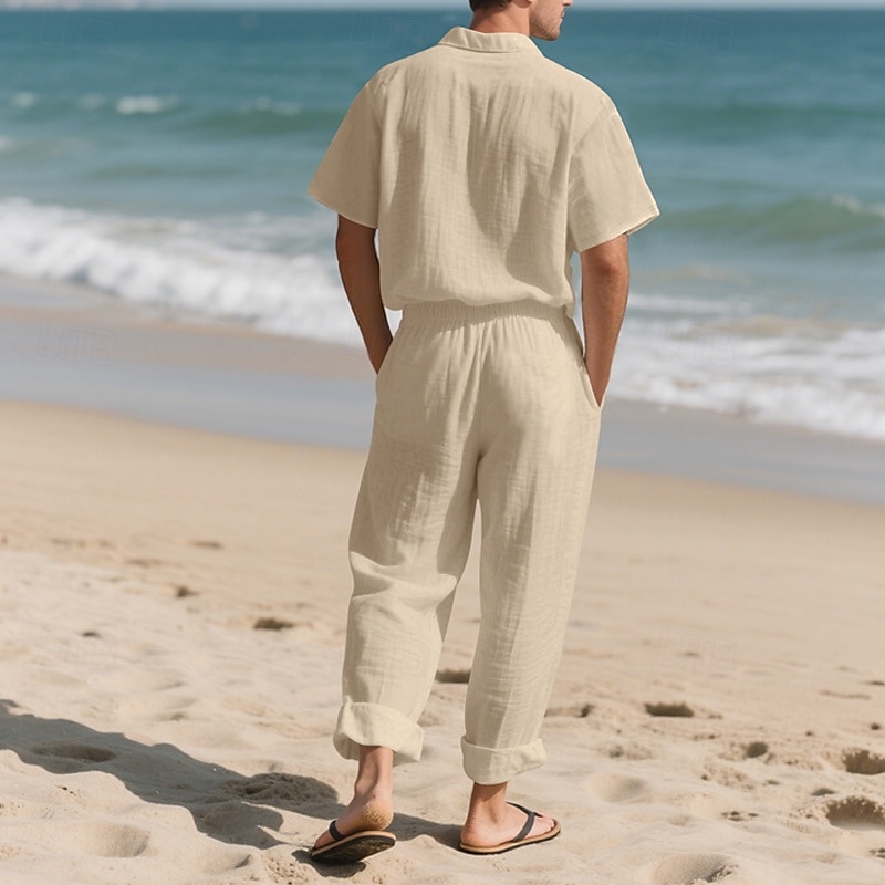 Men's Shirt Suits Shirt and Pant Sets 2 Pieces Outfits Short Sleeve Lapel Summer Plain Fashion Casual 2 Piece Vacation Daily Wear Going out Black White Khaki Top Tee for Men 2025 - $40.99 –P14