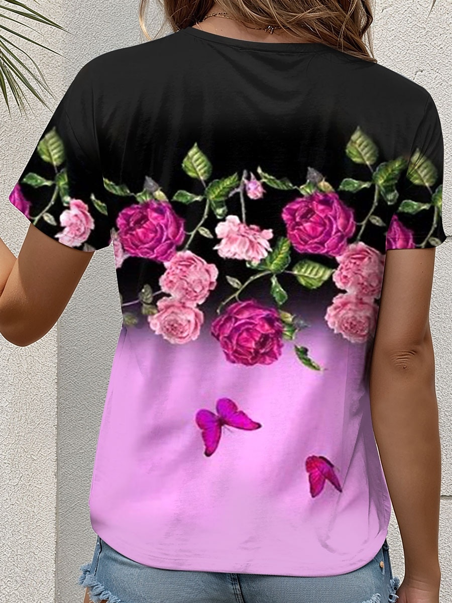 Pentru femei Tricou Ombre Floral Grafic Epocă Stilat Clasic Manșon scurt Stil Nautic Rotund Topuri obișnuite Zilnic Imprimeu Roz Îmbujorat Albastru piscină Portocaliu Vară 2025 - $19.99 –P2