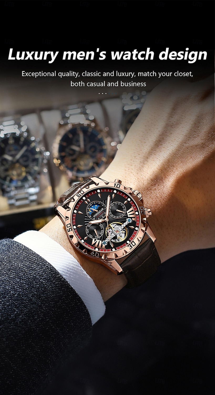 1410 Мужские Автоматические Механические Часы – Многофункциональный Турбийон с Настоящим Кожаным Ремешком Светящийся Циферблат 30M Водонепроницаемость Сапфировое Стекло Классический Бизнес 2025 - $48.99 –P2