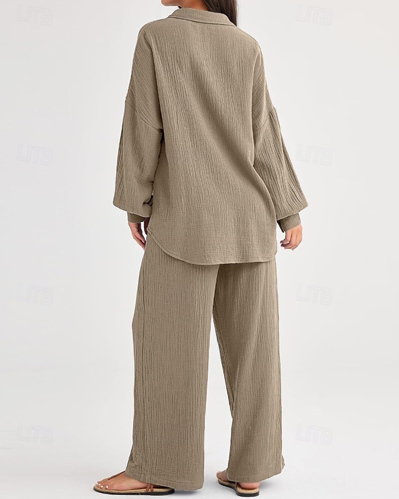 Women's Active Fashion Cotton Linen Shirts Cotton Linen Sets Blouse Long Sleeve Shirt Collar Solid Color Dubbele Rij Knopen Holiday Casual Daily Black Ivory Wine Summer Regular Fit 2025 - $37.99 –P2