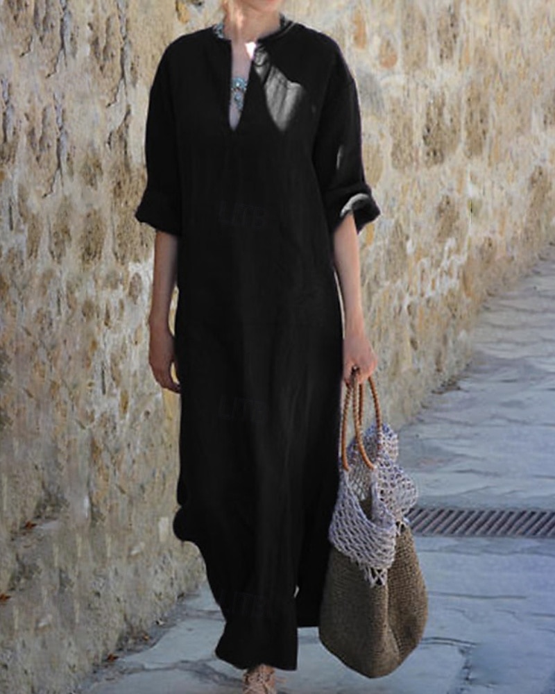 Damen Langes Kleid Maxikleid Baumwoll-Leinenkleid Klassisch Modern Urlaub Täglich Ferien Normale Passform Einfach Halbarm V Ausschnitt Schwarz Weiß Wein Dunkelgray Sommer 2025 - $28.99 –P3
