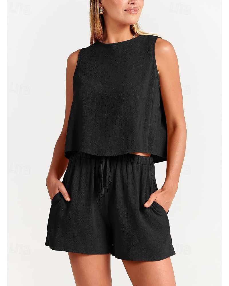 Damen Aktiv Basic Baumwoll-Leinen-Sets Bluse Shorts-Sets Ärmellos Rundhalsausschnitt Einfarbig Kordelzug Ausgehen Wochenende Schwarz Blau Orange Sommer Normale Passform 2025 - NZ $63.49 –P3