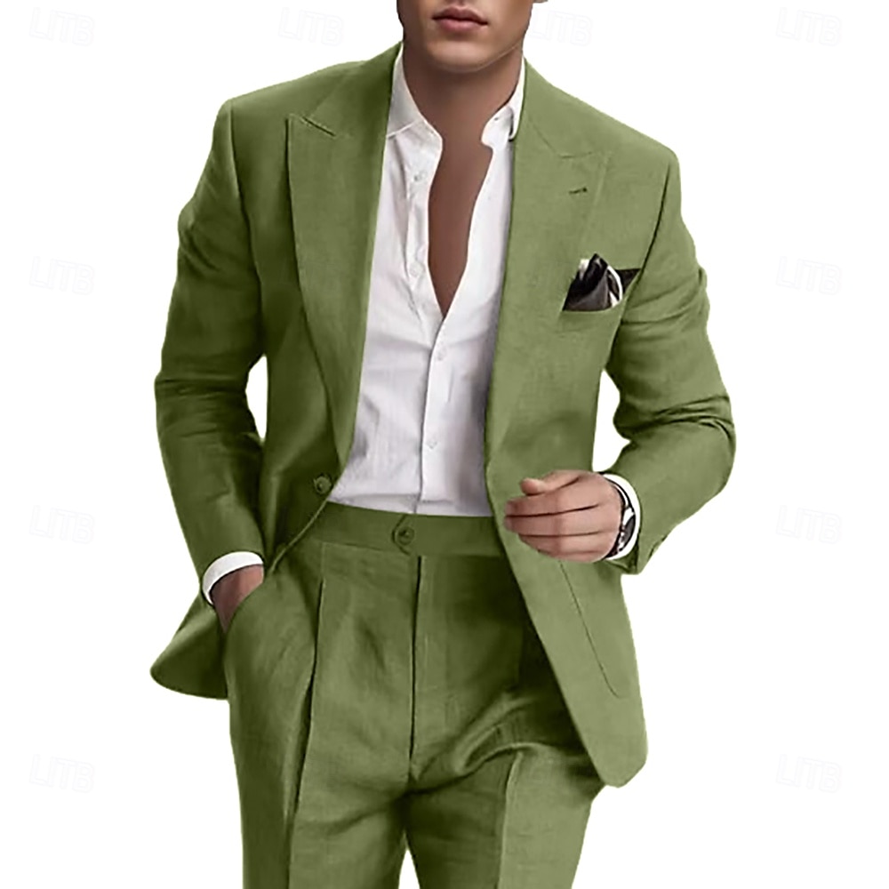 Pour des hommes Mariage Affaires Costumes en lin Revers en Pointe Rose Claire Bleu Ciel Mode Occasionnel Couleur Unie Coupe Standard 2 pièces Simple boutonnage un bouton de 2025 ? $115.99 –P1