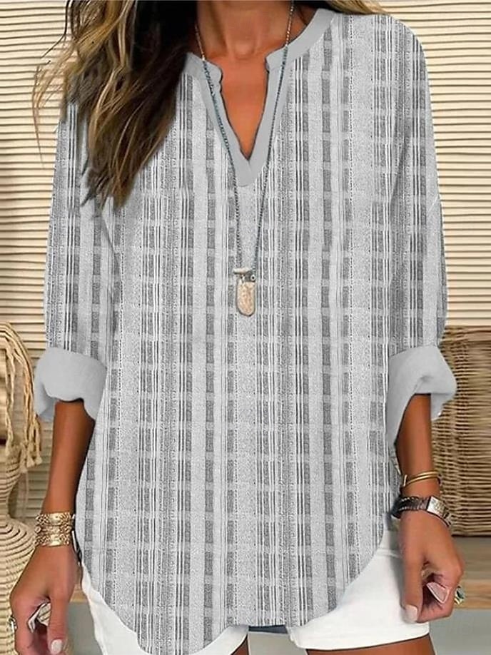 Per donna Camicia Camicia in cotone e lino Blusa Grafico A righe Quotidiano Hawaiano Affari Manica Lunga Scollo a V Top Regolari Lavoro Quotidiano Ferie Bottoni Stampato Blu Grigio Azzurro Estate del 2025 a $24.99 –P3