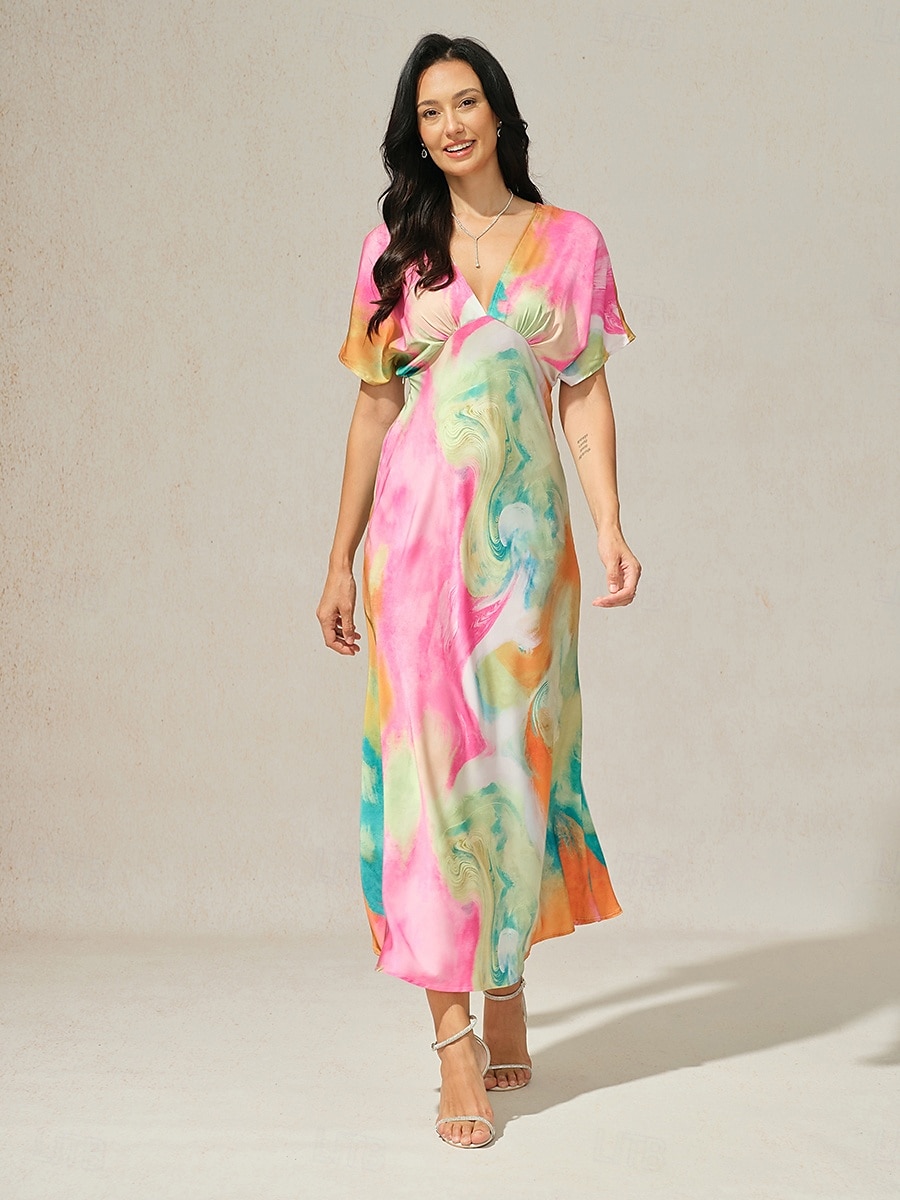 robe d'invitée de mariage pour femme, imprimé ombré, col en V, robe midi élégante, rendez-vous, manches courtes, coupe régulière, vacances, quotidien, robe d'été de 2025 ? $59.99 –P2
