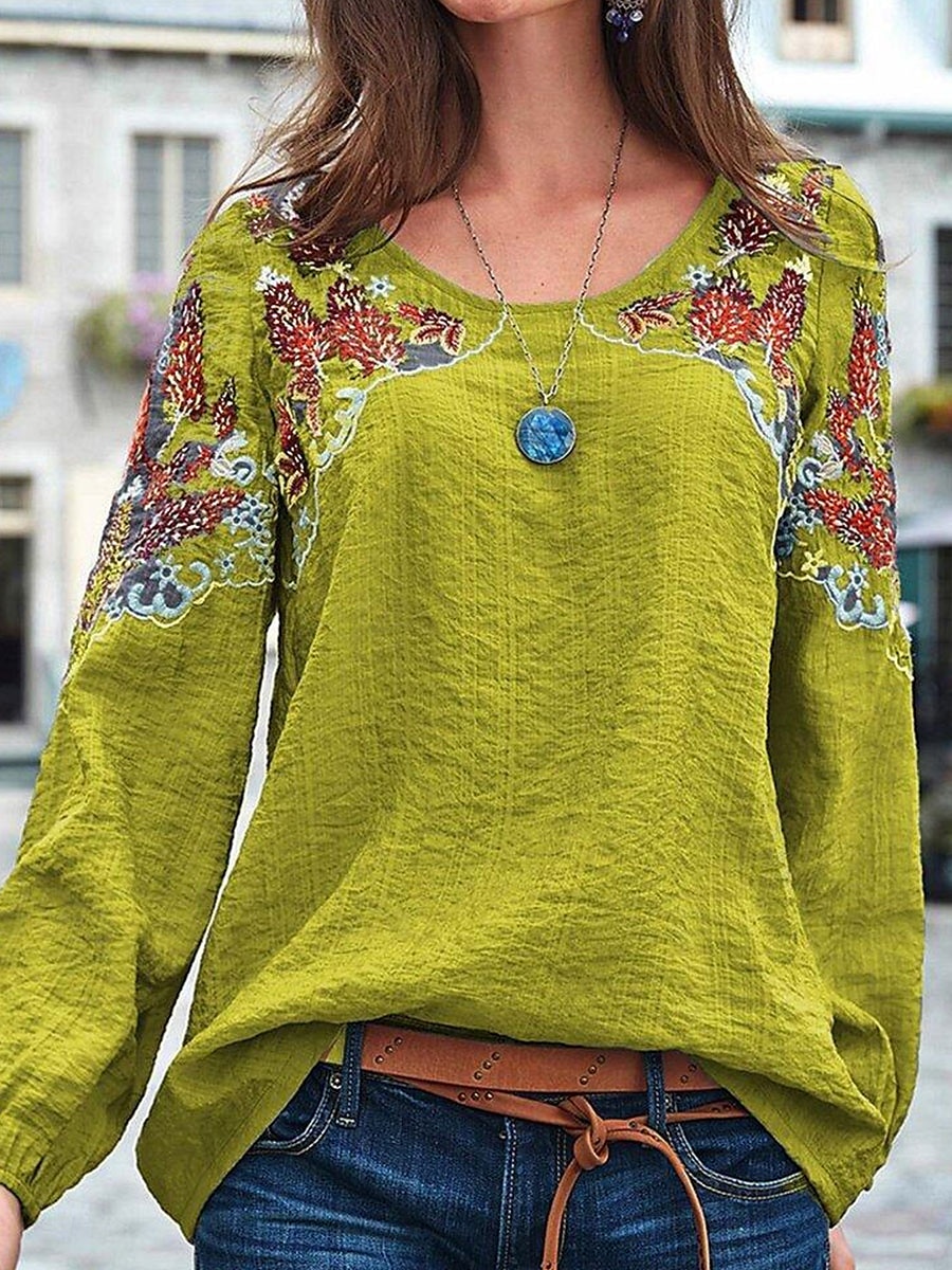 Dame Bluse Grafisk Stilfull Etnisk Fritid Langermet Crew-hals Vanlige topper Daglig Broderi Grønn Sommer Vår 2025 - $32.99 –P4