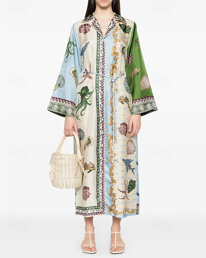 Per donna Abito Lungo Maxi Abito Abiti in cotone e lino Vestito Casual Moda All'aperto Feste Ferie Vestibilità regolare Animale Manica Lunga Colletto a Camicia Blu Estate del 2025 a $46.99 –P1