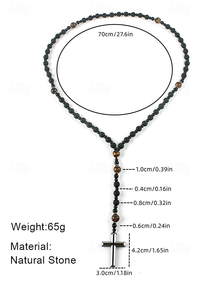 мужское ожерелье с крестом из черного лавового камня и тигрового глаза – духовное ожерелье из нержавеющей стали с бусинами регулируемой длины, идеальный подарок на день отца для повседневной и религиозной носки 2026 - $18.99 –P5