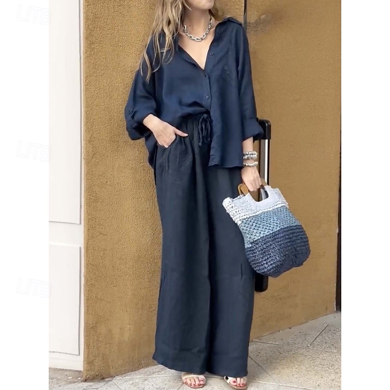 Pentru femei Modă Șic Stradă Seturi de lenjerie de bumbac Seturi de pantaloni Manșon Lung Guler Cămașă Simplu Purtare Zilnică Dată Albastru Marin Închis Trifoi Gri Vară Fit regulat 2025 - $40.99 –P4