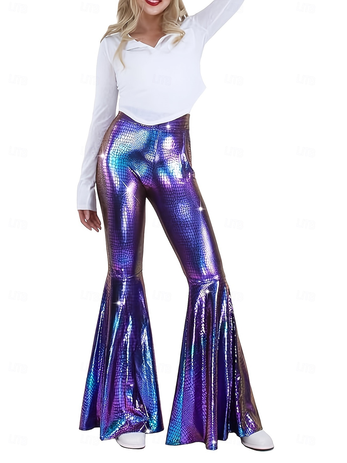 Retro 70. léta Báječný Kalhoty do zvonu Roztažené kalhoty Disko Vysoký pas Lesklý latexový patent Kov Hadí kůže Maškarní kostým Dámské předvečer Všech svatých Karneval hudební festival Retro 2025 - $37.99 –P7