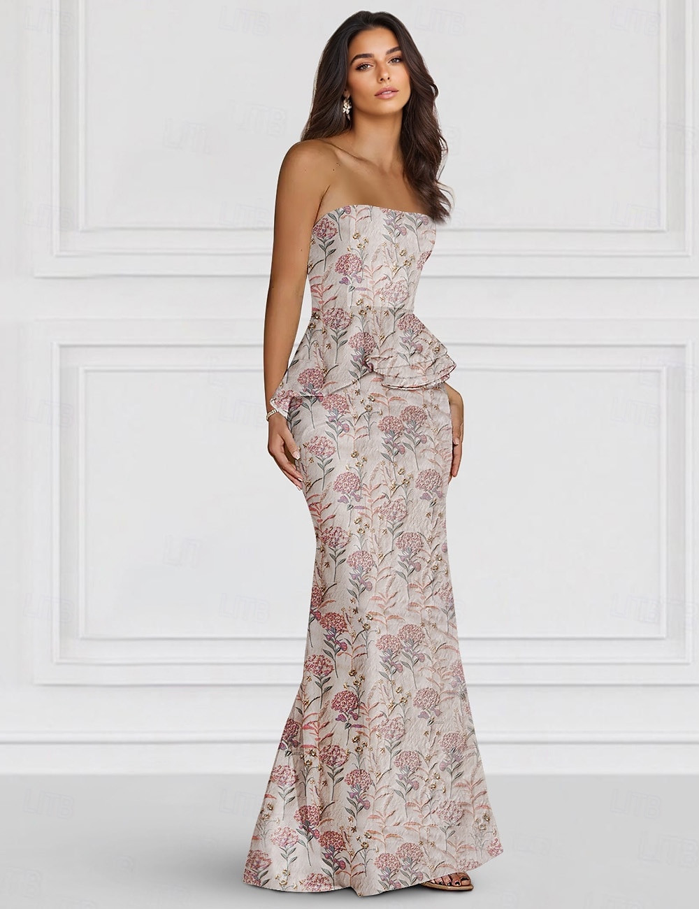 Sukienka kwiatowa z żakardu sukienka peplum sukienka wieczorowa w kształcie syreny  trąby Elegancka sukienka formalna weselna na długość podłogi bez ramiączek z falbankami 2025 - $145.99 –P4