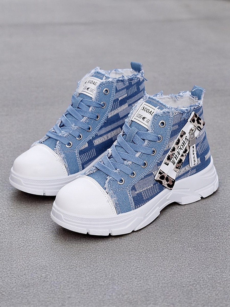 Damen-Denim-High-Top-Plateau-Sneaker mit Leoparden-Detail – lässige Streetstyle-Schnürschuhe für Teenager und junge Erwachsene 2025 - $26.99 –P1