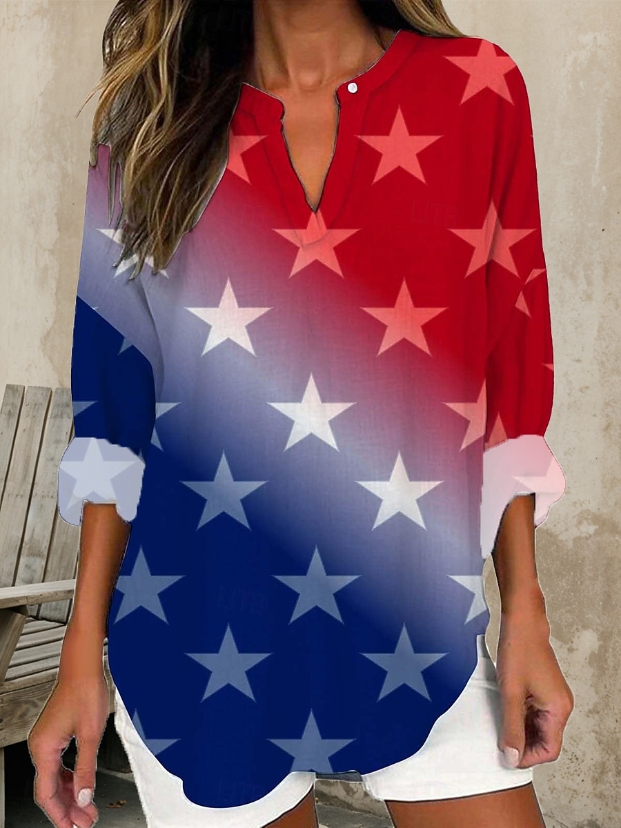 Blusa Patriottica da Donna per il Giorno dell'Indipendenza Simile Lino Traspirante Leggera Tunica Collo a V Manica Lunga Boho Casual Grafica Bandiera Vintage Tropicale Top Regolari Vestibilità del 2026 a $32.99 –P3