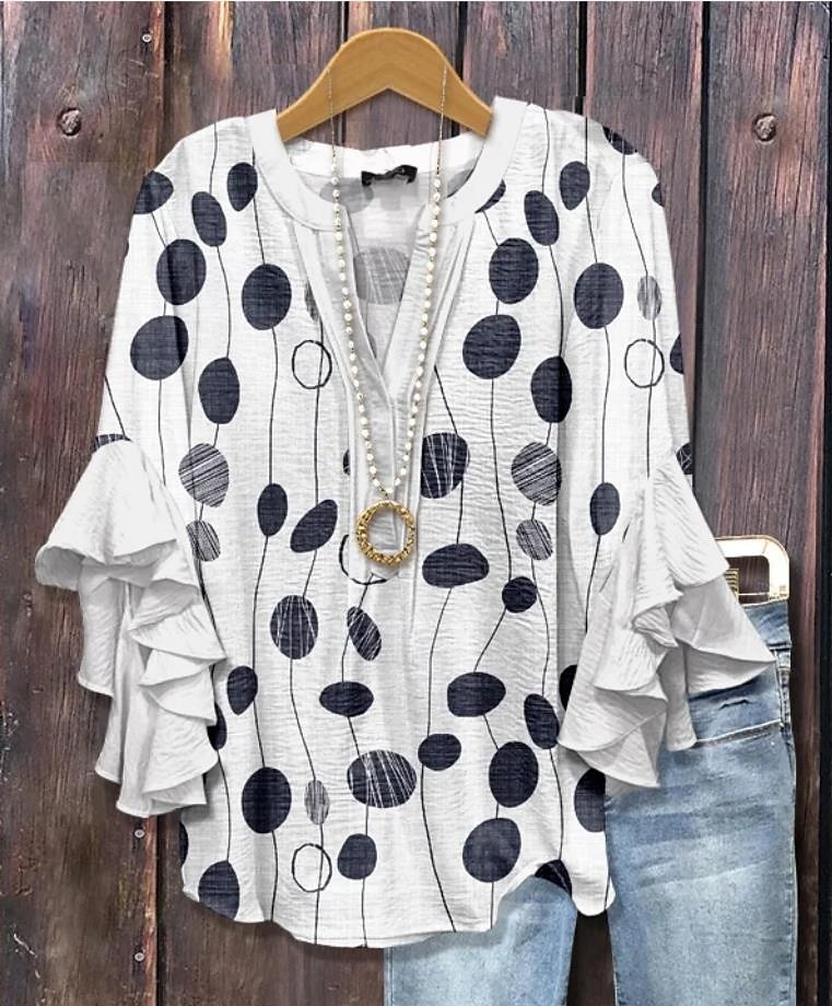 Damenbluse V-Ausschnitt Grafik Geometrisch Bohemia Vintage Täglich 3/4 Länge Ärmel Regelmäßige Oberteile Täglicher Urlaub Ferien Kleidung Druck Schwarz Weiß Gelb Grün Khaki Sommer Frühling Herbst 2025 - $29.99 –P4