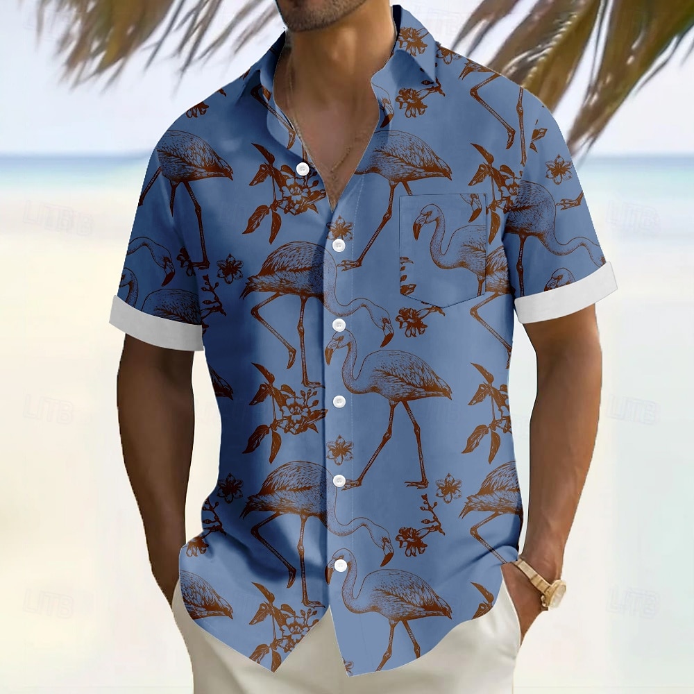 Miesten Flamingo Lintu Havaiji paita Button Up paita Havaijilaispaita Lyhythihainen Havaijilainen Loma Pyhäpäivä Ranta-asut Kesä Sänkyjen avaus 3D-tulostus Edessä yksi tasku Pellava kuin paita 2025 - $23.99 –P4