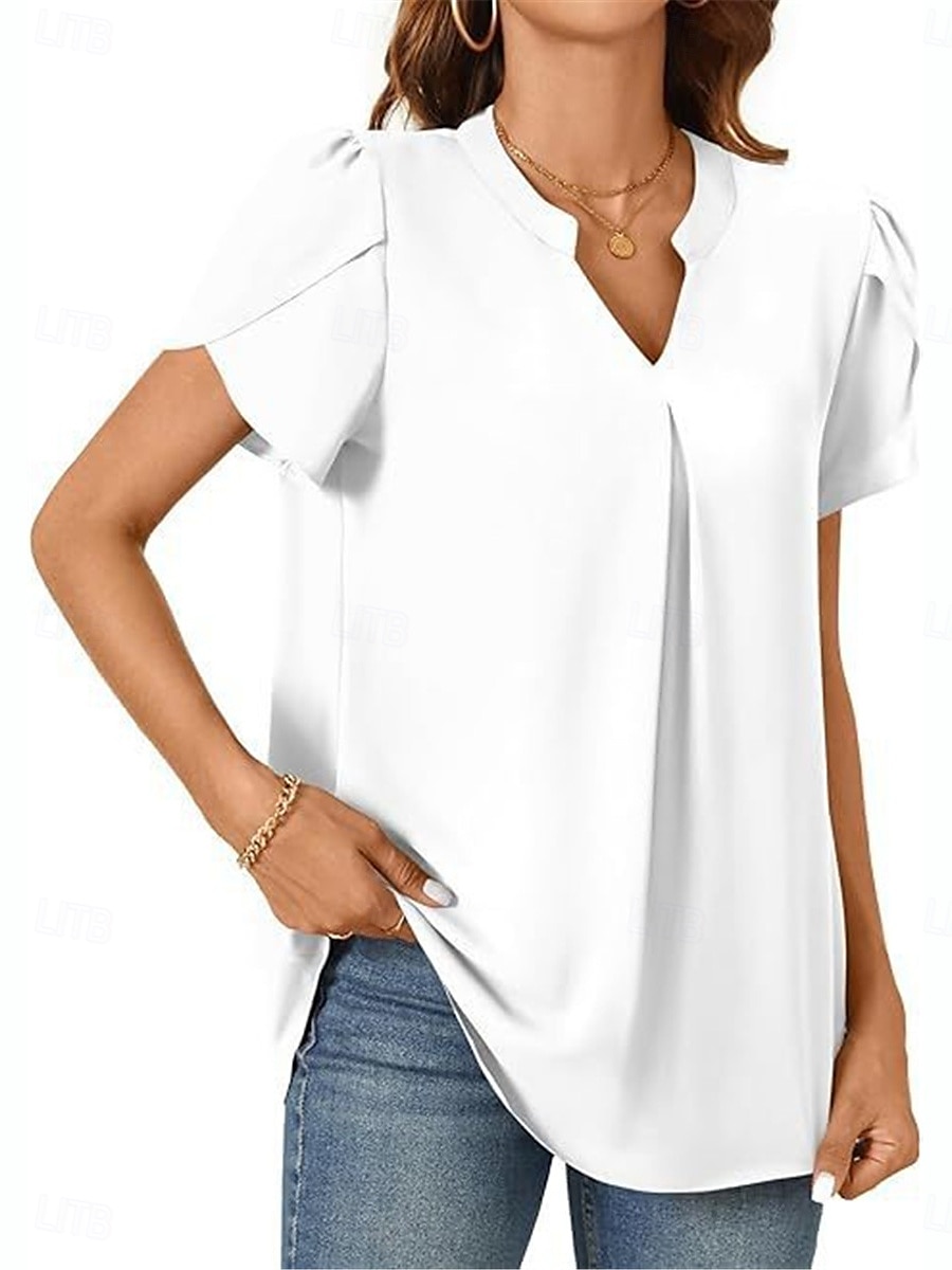 Femmes Chemisier Couleur Unie Élégant Basique Occasionnel Manche Courte Col en V Hauts Réguliers Quotidien Noir Blanche Bleu Vert Abricot Été de 2025 ? $19.99 –P1