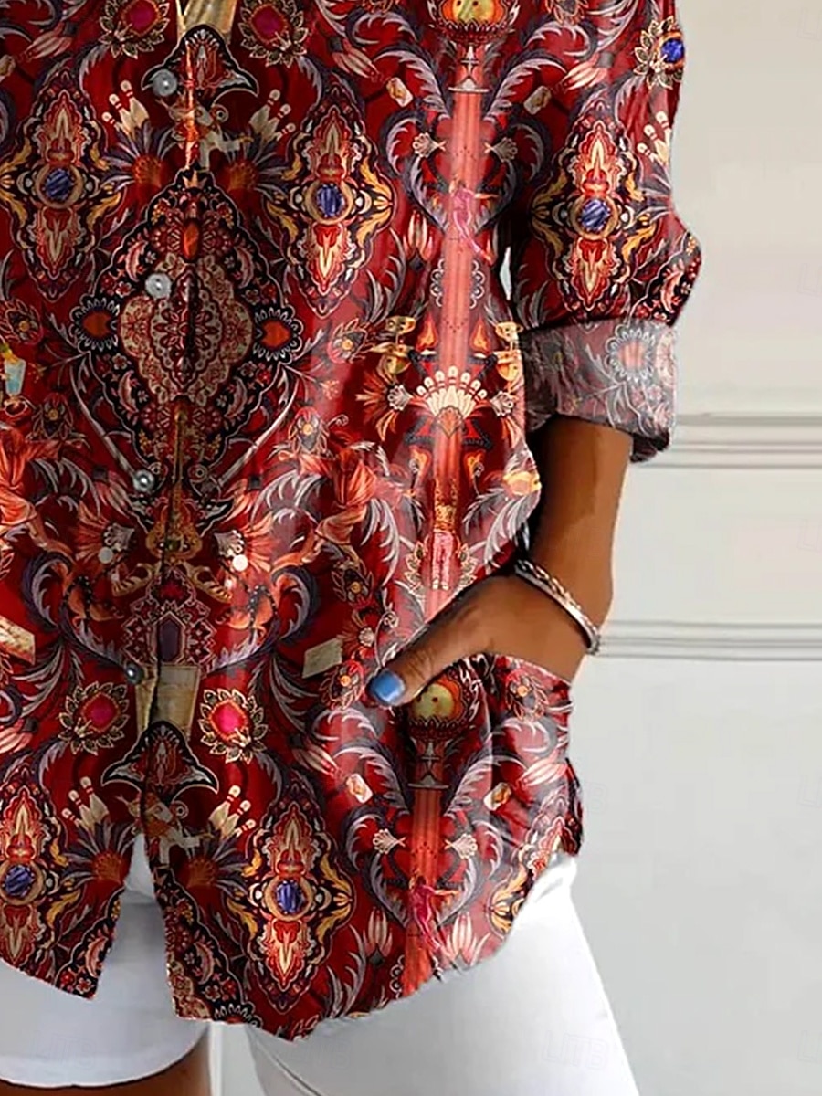 Women's Shirt Floral Graphic Paisley Bohemia Vintage Western Long Sleeve Shirt Collar Regular Tops Daily Holiday Vacation Wear Buttons Print Maroon Blue Rose Pink Summer Spring 2025 - $32.99 –P3