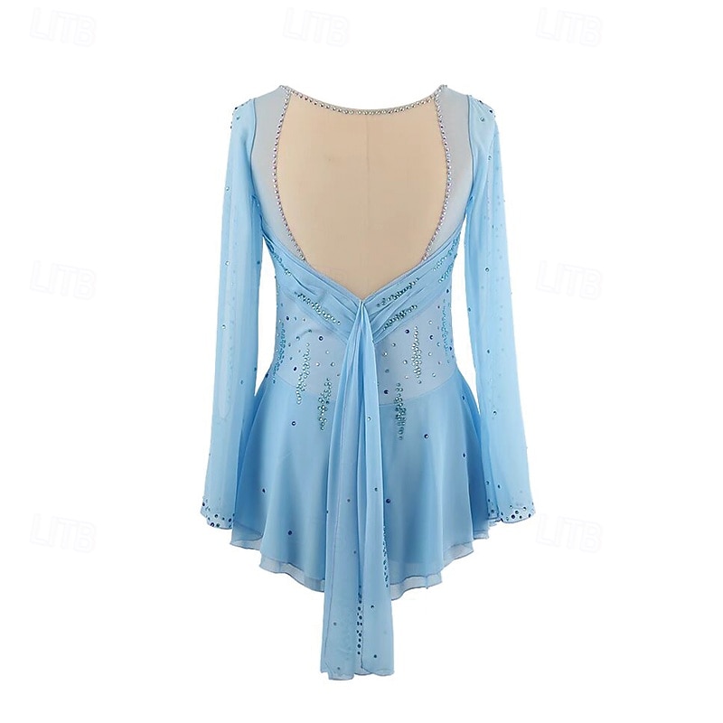 Kjole til kunstløp Dame Jente Skøyteløp Kjoler Blå Lapper Tommelhull Netting Spandex Elastisk Trening Profesjonell Konkurranse Skøyteklær Hold Varm Krystall / Rhinstein Langermet Skøyting Kunstløp 2025 - $221.89 –P2