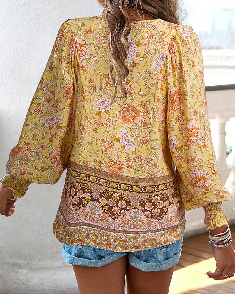 Women's Boho Shirt Blouse Flower Modern Boho Long Sleeve V Neck Regular Tops Daily Going out Print Yellow Pink Navy Blue Blue Orange Summer 2025 - $22.99 –P5