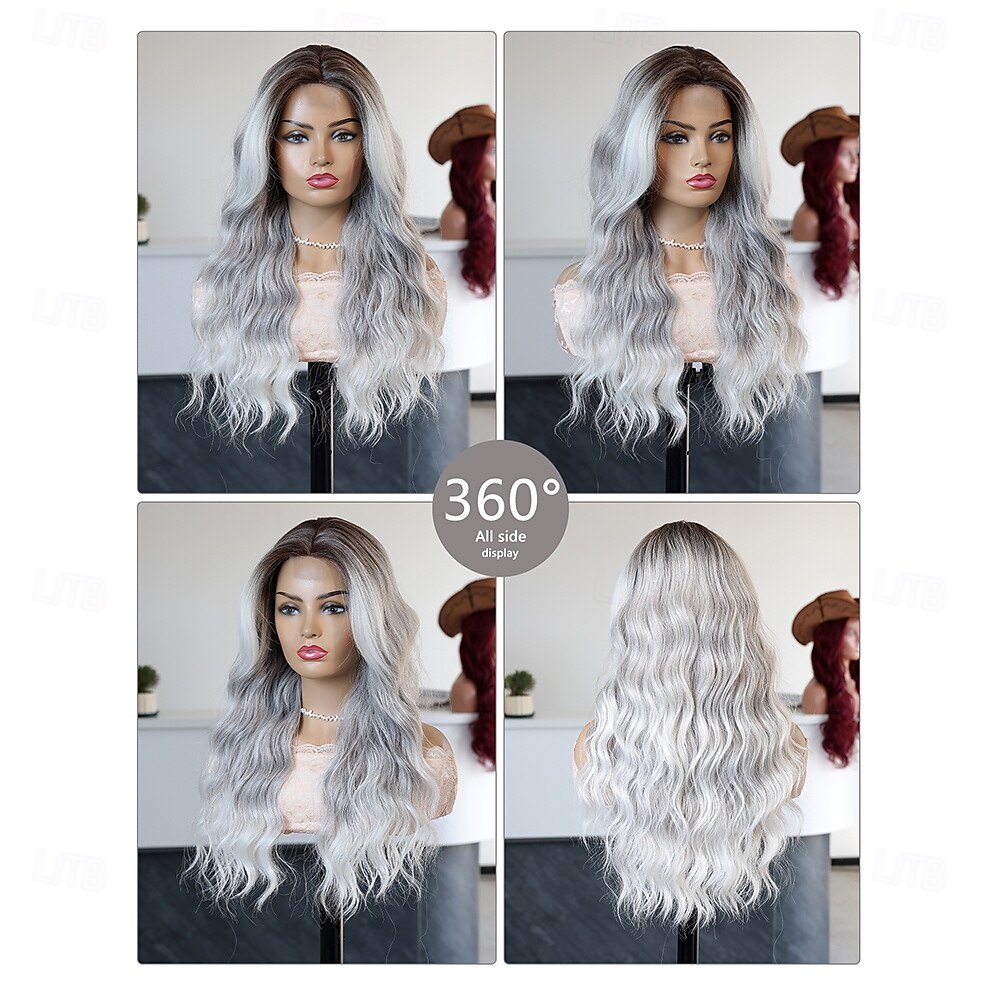 Perruque en dentelle synthétique Bouclé Style 24 pouce Gris Raie au milieu partie U Perruque Femmes Perruque Gris argenté de 2025 ? $39.99 –P6