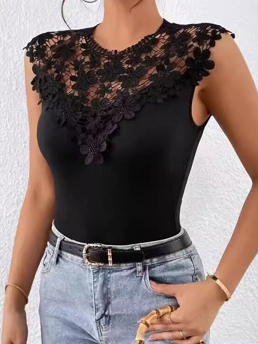 Dam Camisole linne Ensfärgat Elegant Dagligen Stylish Ärmlös Rund hals Vanliga toppar Dagligen Ihålig Svart Sommar Vår 2025 - $19.99 –P5