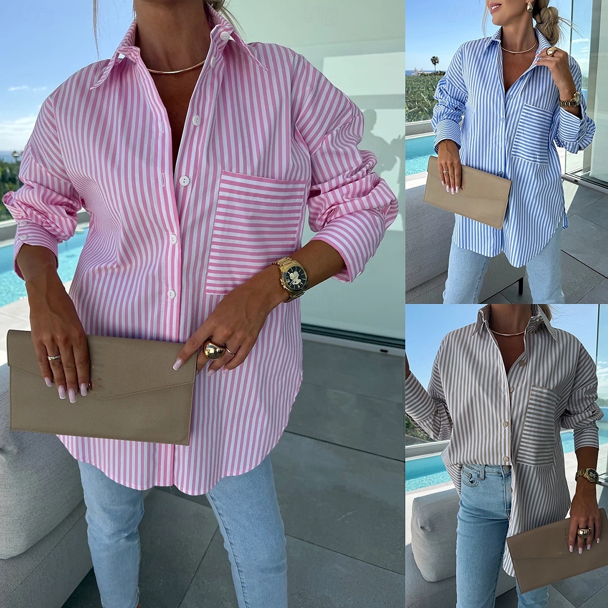 Dames Overhemd Bloemig Stijlvol Casual Lange mouw Overhemdkraag Normale tops Dagelijks Knop Zak Afdrukken Blozend Roze blauw Khaki Zomer Lente 2025 - $28.99 –P1