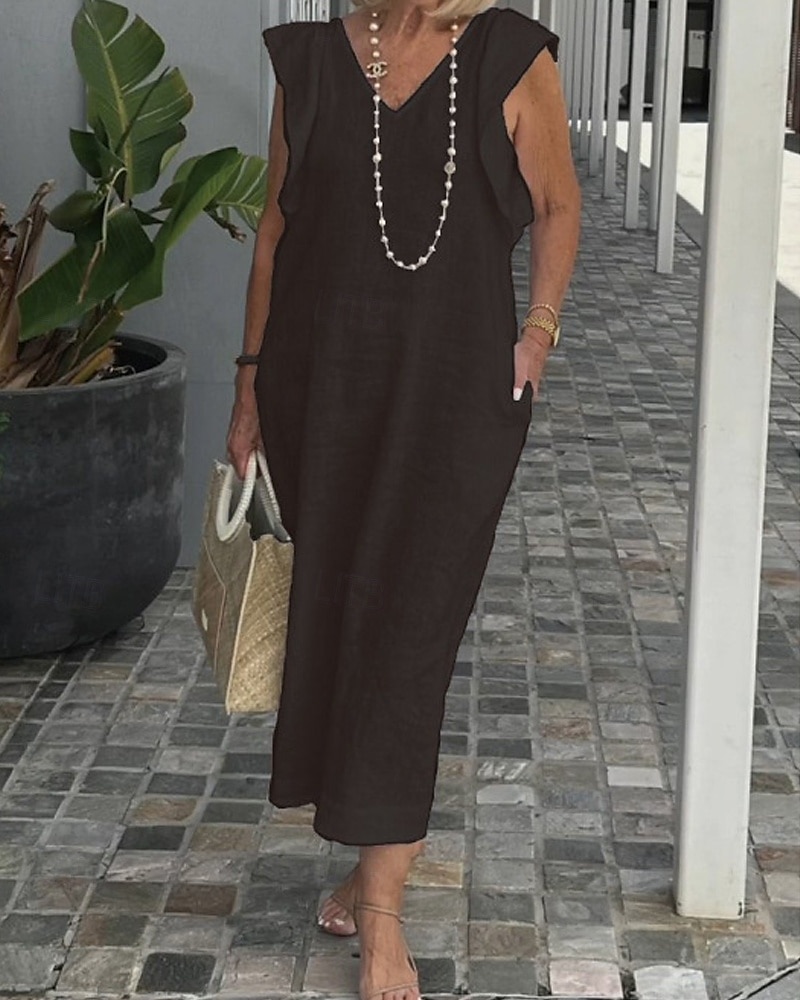 Pentru femei Rochie Lunga Rochie Maxi Rochii de in bumbac Rochie casual Modă În aer liber Petrecere Concediu Fit regulat Simplu Fără manșon În V Negru Alb Bleumarin Vară 2025 - $36.99 –P3