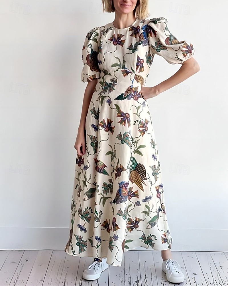 Dame Lang kjole Maxikjole Uformell kjole Mote utendørs Fest Ferie Normal Blomsternål i krystall Kortermet Crew-hals Beige Sommer 2025 - $38.99 –P1