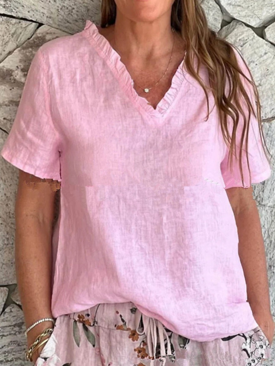 Damen Bluse aus Baumwolle und Leinen, einfarbig, elegant, lässig, kurzärmlig, V-Ausschnitt, normale Oberteile, Alltag, Urlaub, Rüschen, schwarz, weiß, gelb, rosa, blau, Sommer, Frühling 2025 - $19.99 –P3