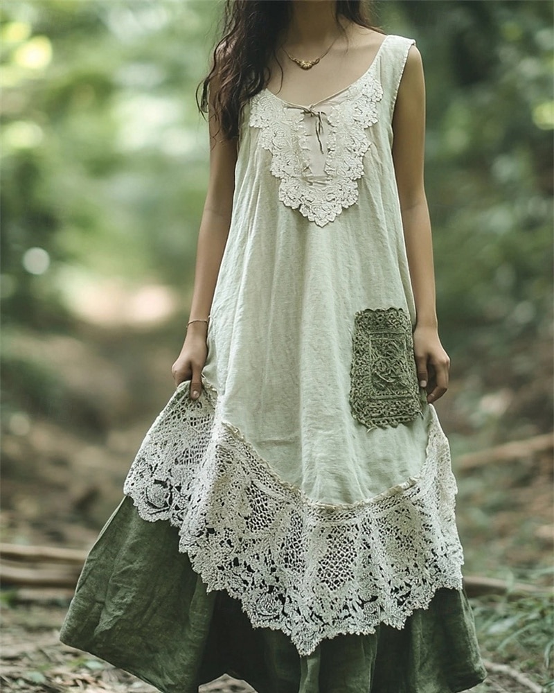 Femmes Robe Longue Maxi Robe Robes en coton et lin Robe Décontractée Robe bohème Robe occidentale Mode Extérieur Soirée Fête Coupe régulière Bloc de Couleur Sans manches Col en U Vert Été de 2025 ? $26.99 –P1
