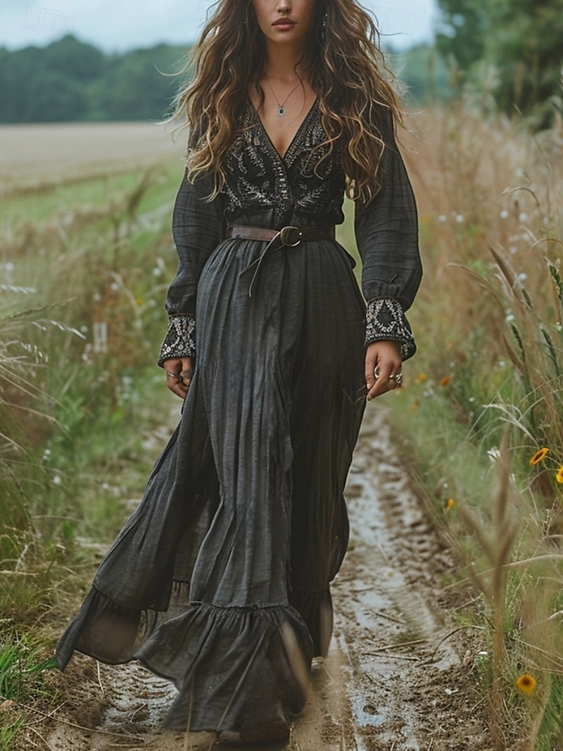 Pentru femei Rochie Lunga Rochie Maxi Rochie casual Rochie leagăn Rochie de vară Rochie Boho Epocă Vacanță Zilnic Concediu Fit regulat Grafic Manșon Lung În V Negru Vară 2025 - $32.99 –P1