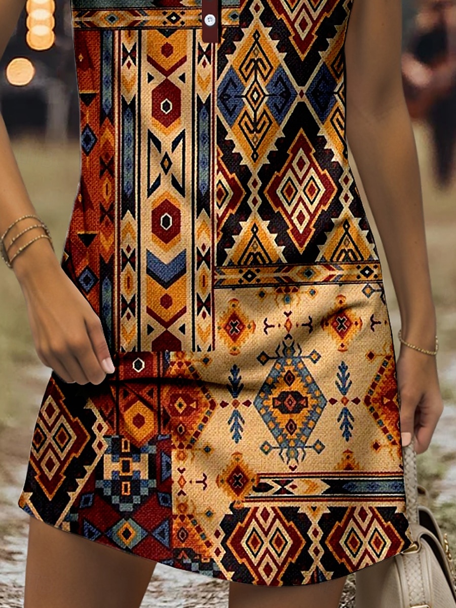 Pentru femei Rochie Mini Rochie de Vară Rochie A line Rochie de vară Rochie cu umeri Casual Concediu Plajă Fit regulat Grafic Tribal Fără manșon În V Galben Roșu-aprins Albastru piscină Mov Var 2025 - $21.99 –P3