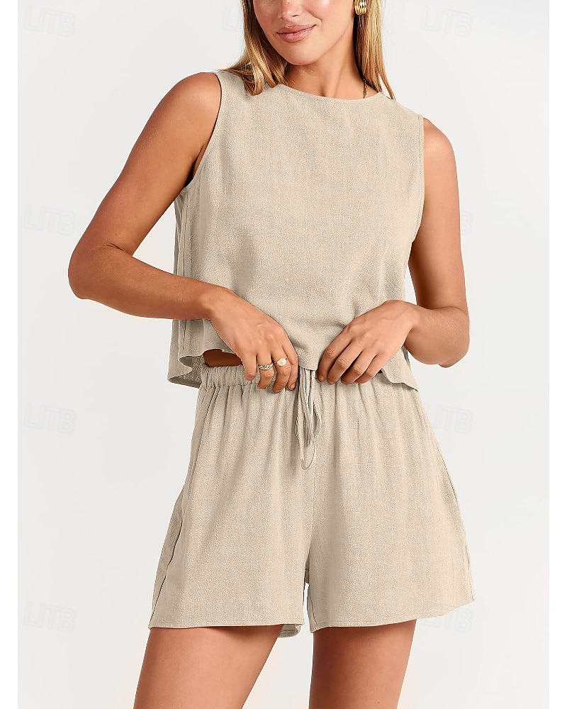 Damen Aktiv Basic Baumwoll-Leinen-Sets Bluse Shorts-Sets Ärmellos Rundhalsausschnitt Einfarbig Kordelzug Ausgehen Wochenende Schwarz Blau Orange Sommer Normale Passform 2025 - NZ $63.49 –P18