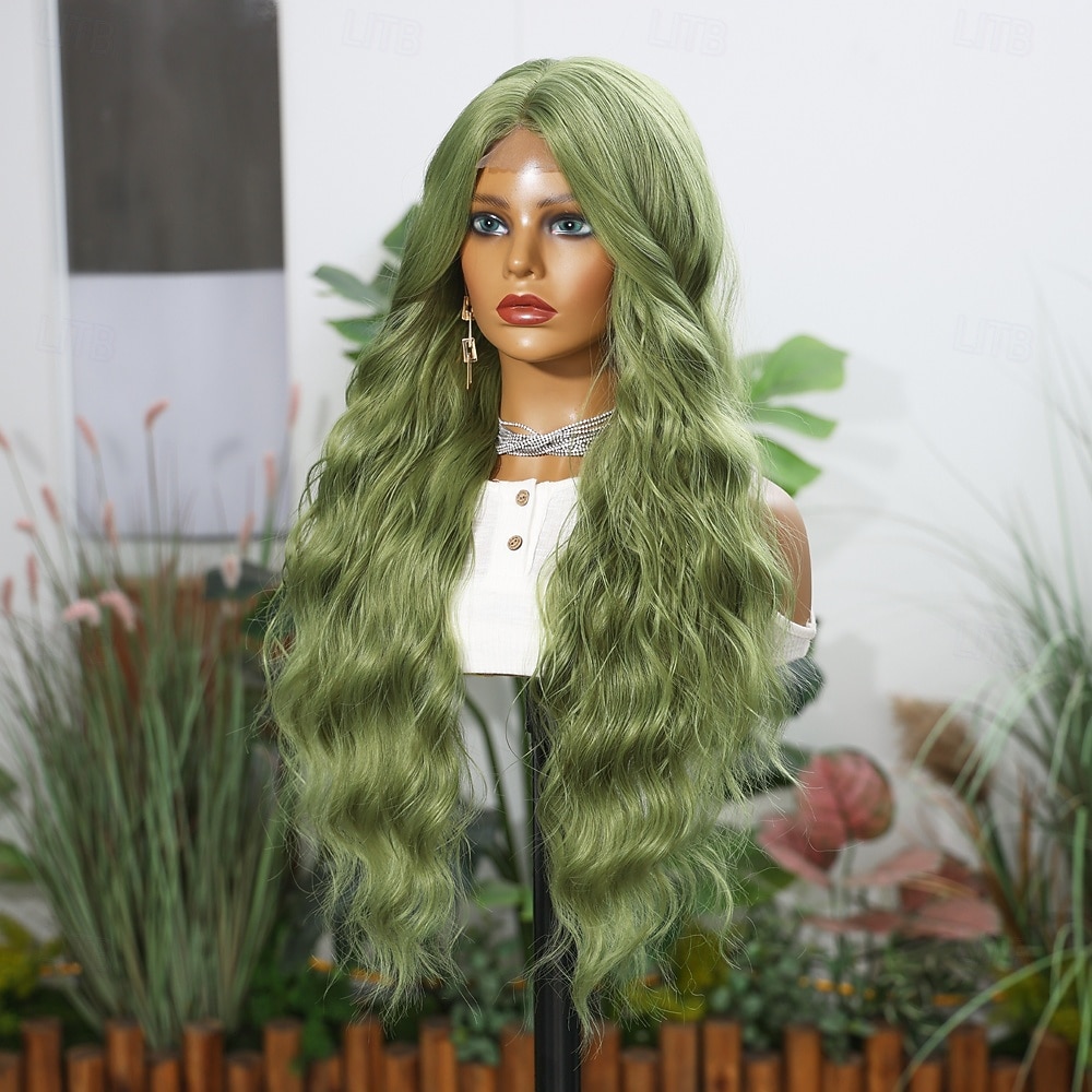 Parrucca in pizzo sintetico Riccio Stile 28 pollice Verde Riga centrale Parte a U Parrucca Per donna Parrucca Verde lago / Verde erba del 2025 a $40.99 –P3