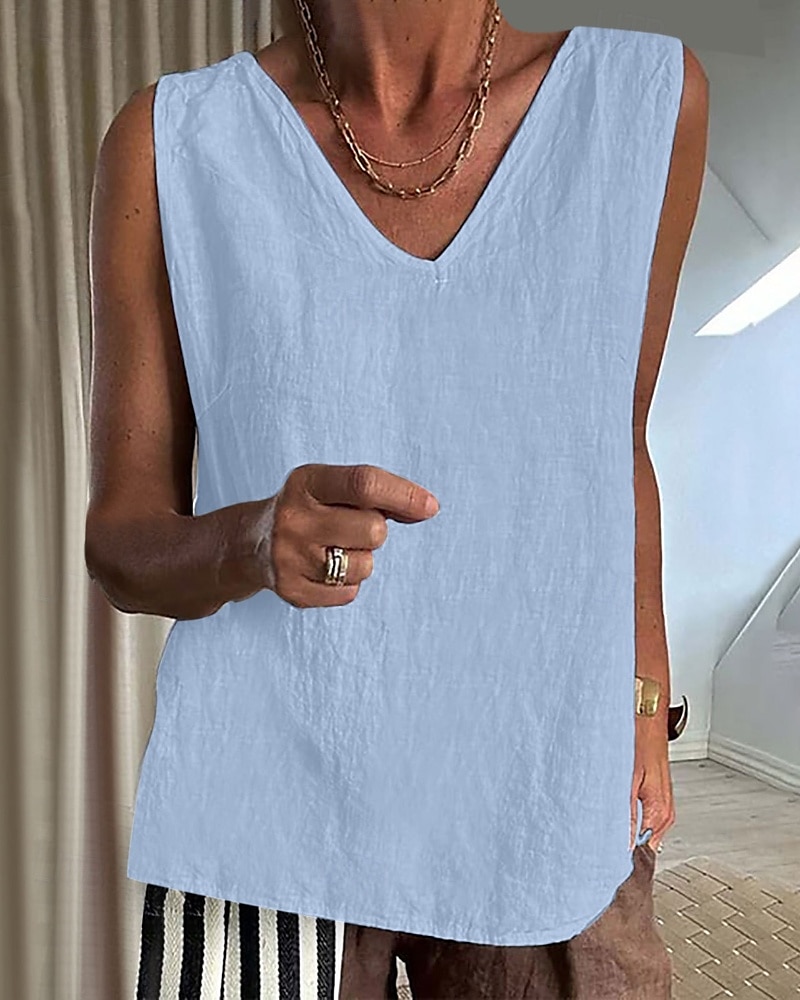 Dames Overhemd Linnen-geïnspireerde sets Blouse Effen Modern Casual Mouwloos V-hals Normale tops Dagelijks Feestdagen Zwart Blozend Roze Leger Groen Beige Grijs Zomer 2025 - $19.99 –P12
