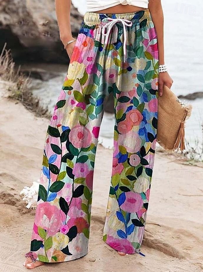 Dam Brett skaft Kinesiska Säckiga byxor Semester Mode Hawaiisk Fullängd Hög midja Blommig Grafisk Snörning Tryck Andningsfunktion Mjuk Microelastisk Semester Gata Casual Violett Naturvit Djupbl 2025 - $24.99 –P1