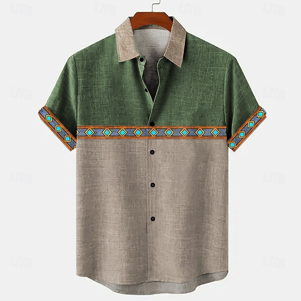 Herr Geometrisk Linneskjorta Hawaii skjorta Knapp upp skjorta Kortärmad Vintage Artistisk Semester Helgdag Standkläder Sommar Vår Nedvikt Färgblock Blå Grön 2026 - $26.99 –P5
