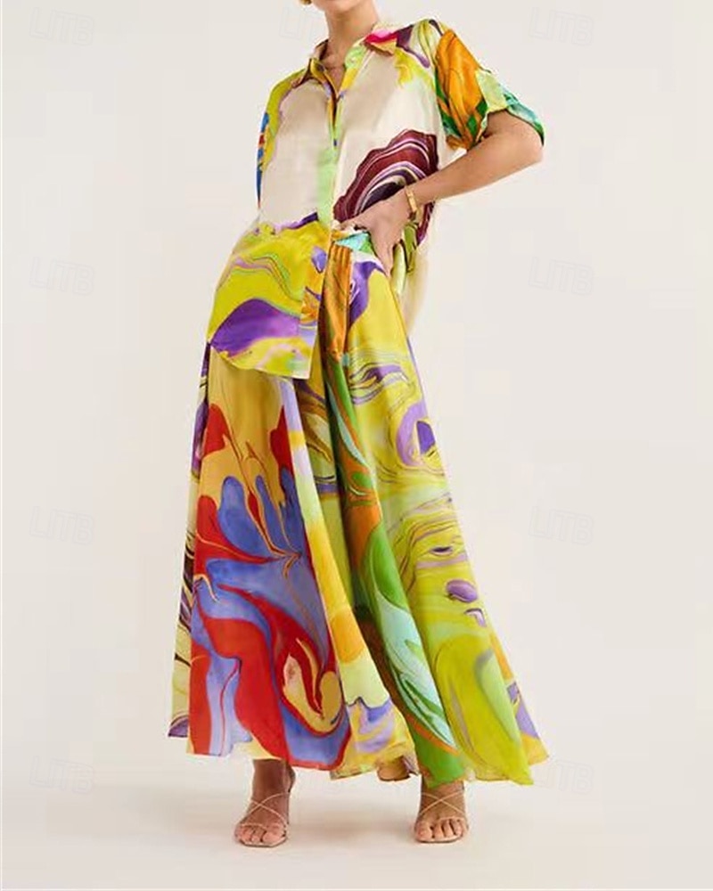 Femmes Mode Streetwear Jupe Ensembles Demi Manches Col de chemise Abstrait Imprimé Tenue quotidienne Date Vert Été Coupe régulière de 2025 ? $43.99 –P2