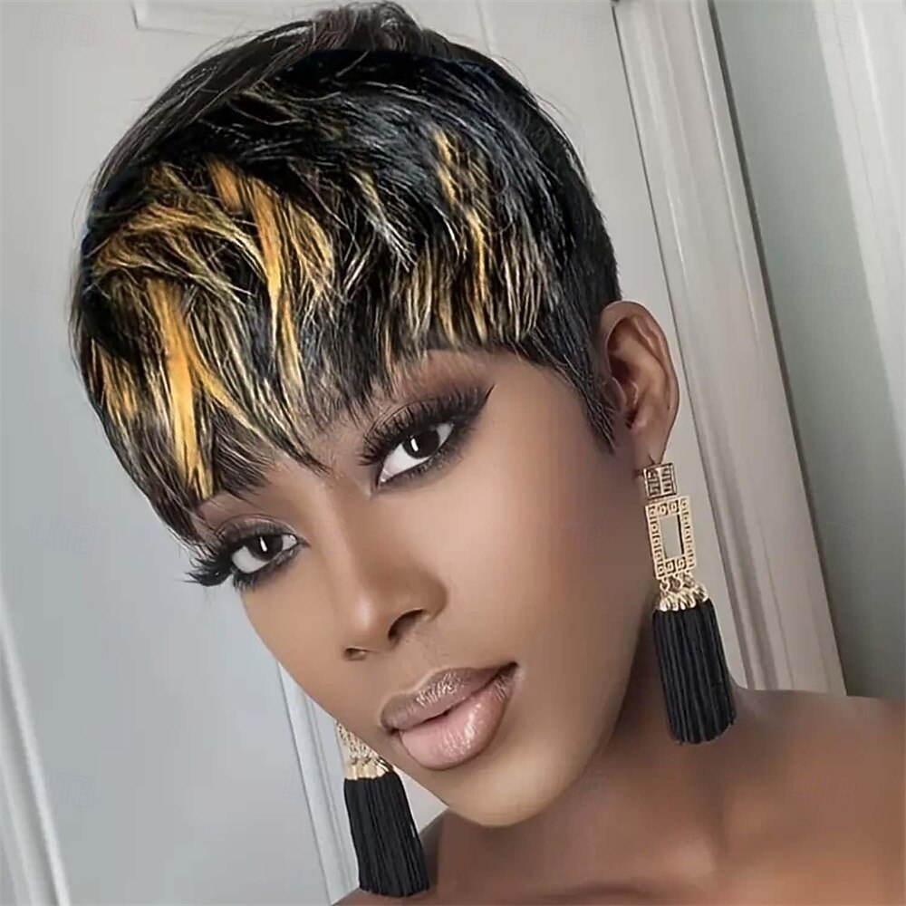 Parrucche pixie cut per donne nere, parrucca sintetica, parrucca pixie cut, parrucche corte a strati, piene con frangia nera del 2025 a $24.99 –P4