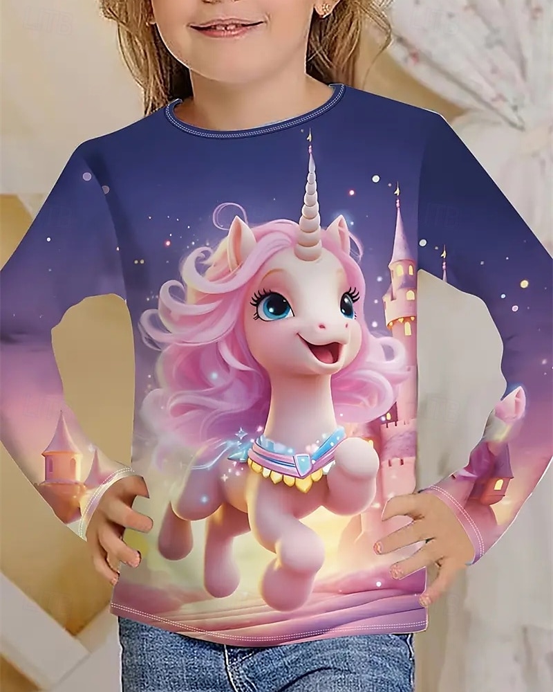 Flickor 3D Enhörnings T-shirt Långärmad Vår Höst Mode Grundläggande Barn 4-12 år Rund hals Utomhus Ledigt Dagligen Normal 2025 - $13.99 –P5