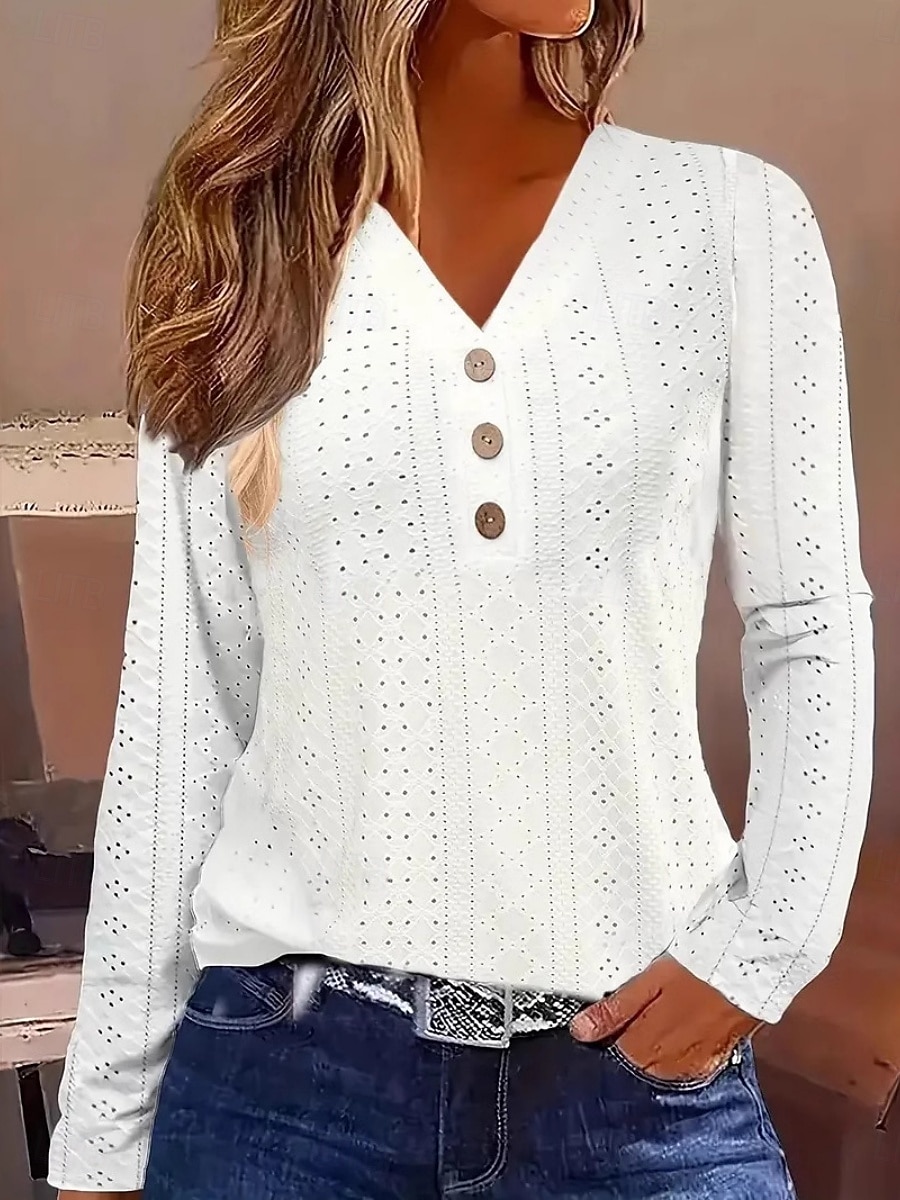 Femmes Chemisier Couleur Unie ancien Tropical Élégant manche longue Col en V Hauts Réguliers Quotidien Boutons Œillet Blanche Jaune Rose Claire Bleu Été de 2025 ? $18.99 –P3
